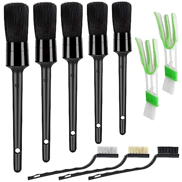 HMPLL 10-piece detailing brush set including boar hair, wire, and air vent brushes