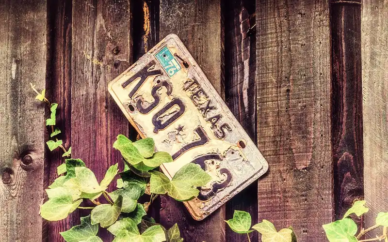 Close-up of a state license plate mounted on a car bumper