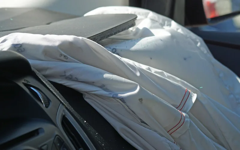Deployed airbag fabric lying across the dashboard of a car