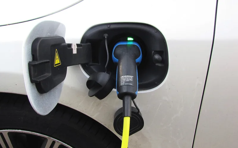Close-up of an electric vehicle charging cable plugged into a car's charge port Close-up of an electric vehicle charging cable plugged into a car's charge port