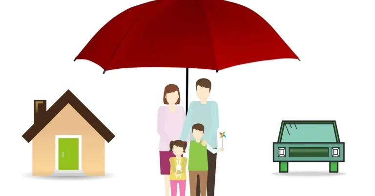 Illustration of a family and car protected under an insurance umbrella representing Michigan required car insurance