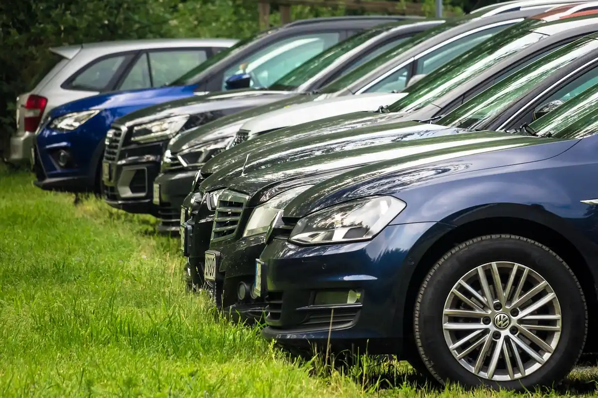 A row of different car brands, including Volkswagen and Audi models, parked side by side