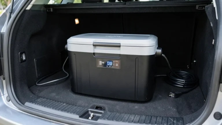 Electric 12V compressor car cooler freezer with digital display plugged in and powered in an SUV trunk