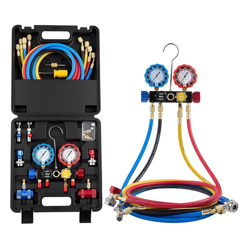 VEVOR AC Manifold Gauge Set for R134a R404A R1234yf R22 Refrigerant, 4 Way AC Gauge with 5 ft Hoses, Adapters, Quick Cou