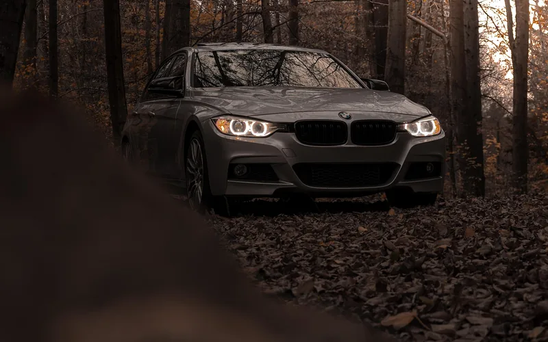 Grey BMW sedan with headlights on parked in an autumn forest