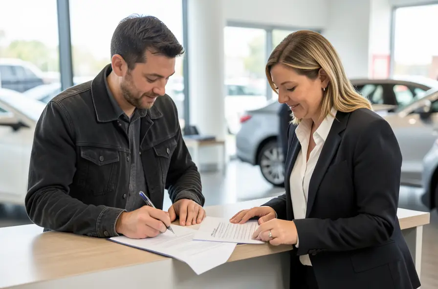 A car buyer signing paperwork at a dealership desk