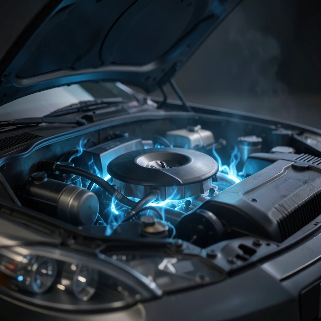 An open car engine bay glowing with abstract blue light, representing the unexplained mystery of how Cars characters come to life