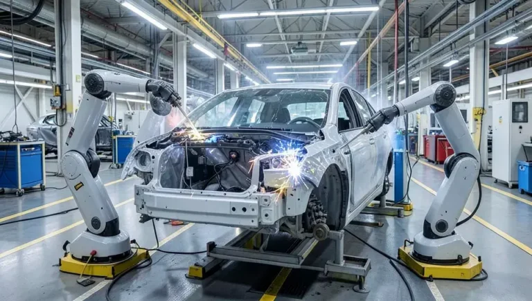 Robotic arms welding a car body on a modern automotive assembly line