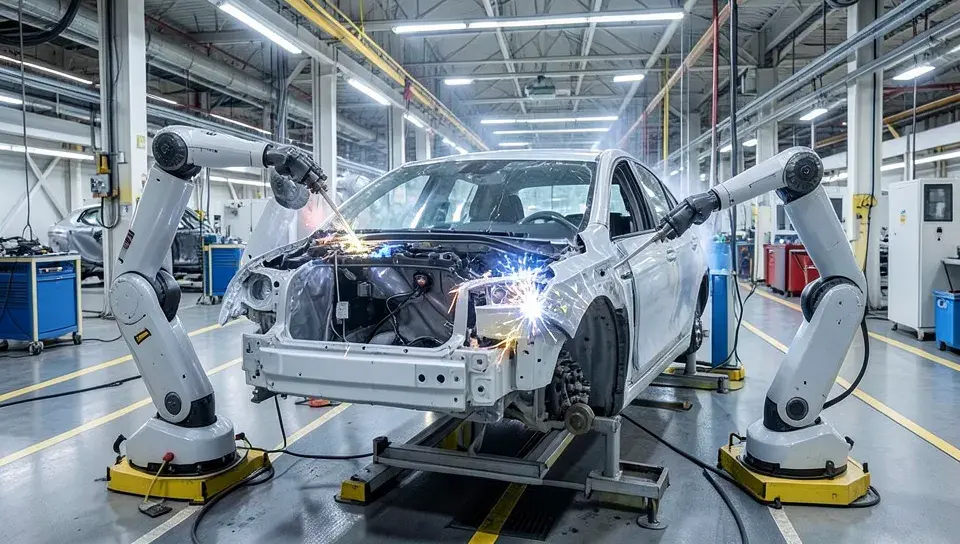 Robotic arms welding a car body on a modern automotive assembly line