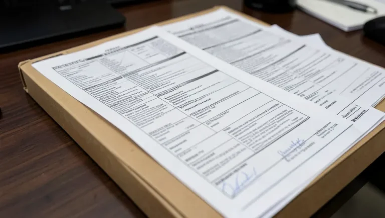 A folder of car insurance policy documents and papers on a desk