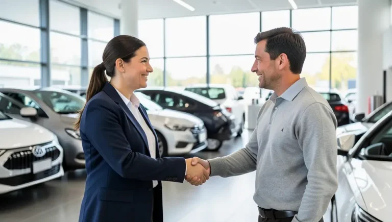 A salesperson and customer shaking hands after negotiating a car lease at a dealership