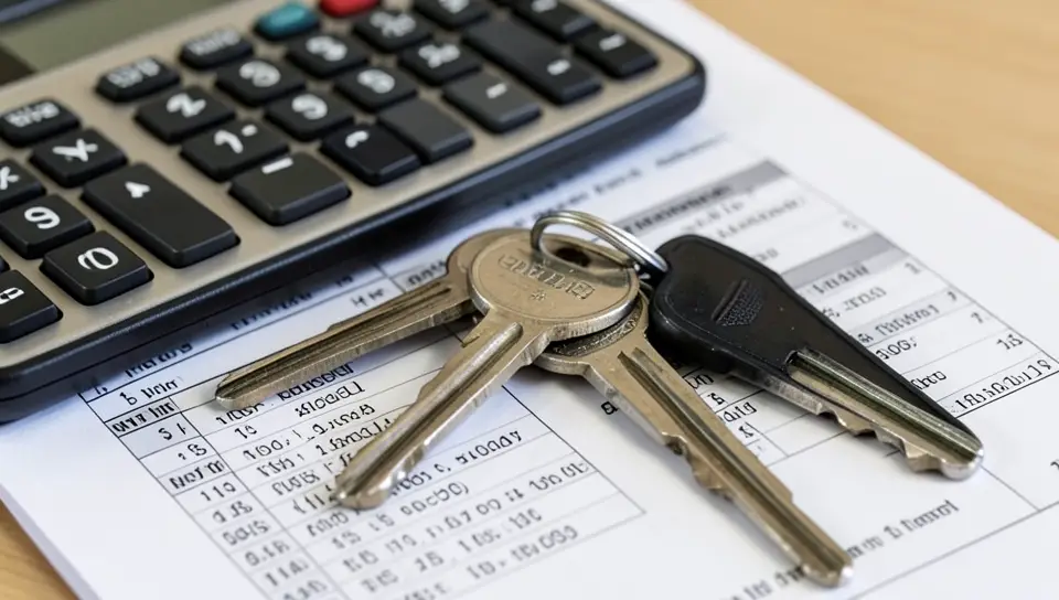 A calculator and car keys on top of a loan document, representing car payment calculations