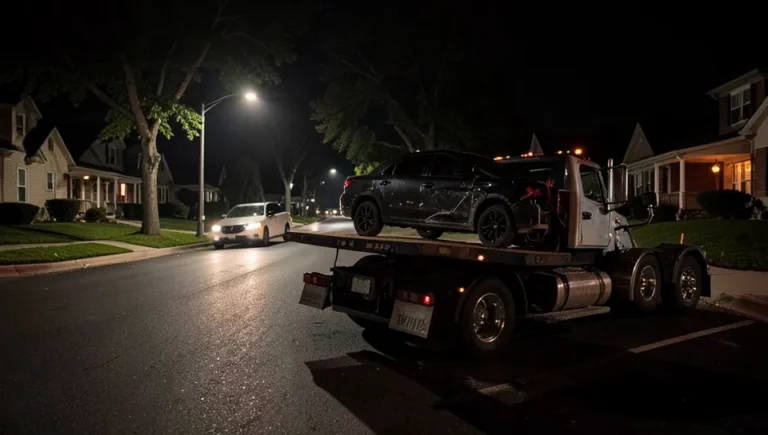 A car being loaded onto a flatbed tow truck for repossession on a residential street at night