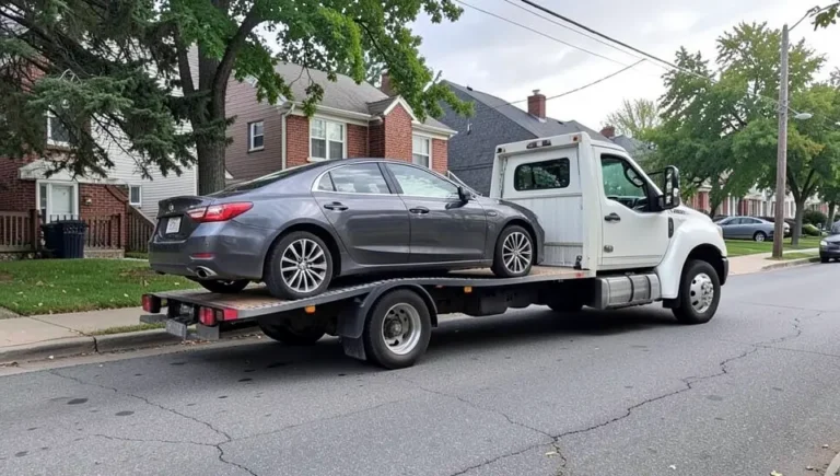 A car being loaded onto a tow truck for repossession on a residential street