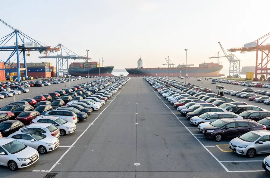 Rows of new cars at a shipping port ready for export around the world