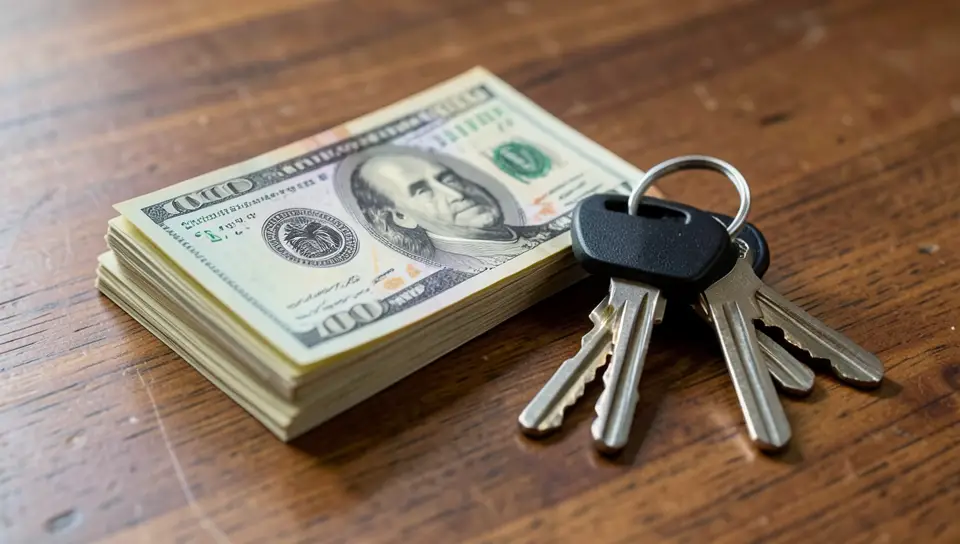 A stack of cash and car keys, representing the decision to pay cash for a car