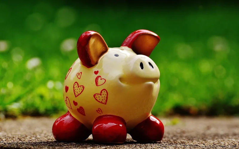 Ceramic piggy bank decorated with hearts standing on grass