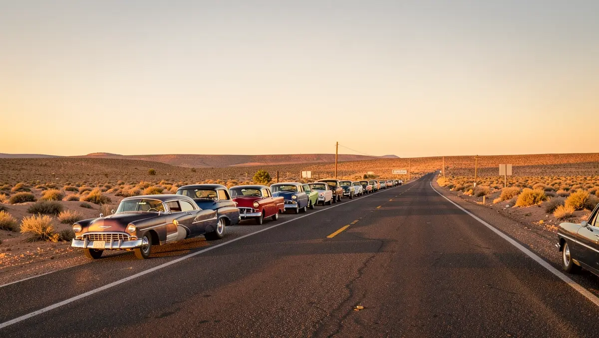 Classic cars parked along a desert two-lane highway reminiscent of old Route 66