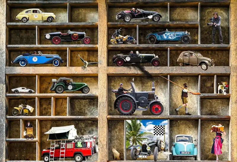 Composite illustration of collectible vintage vehicles on wooden shelves