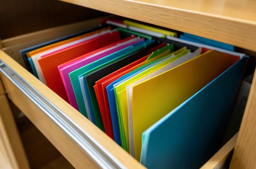 An organized filing cabinet drawer with color-coded folders for insurance records