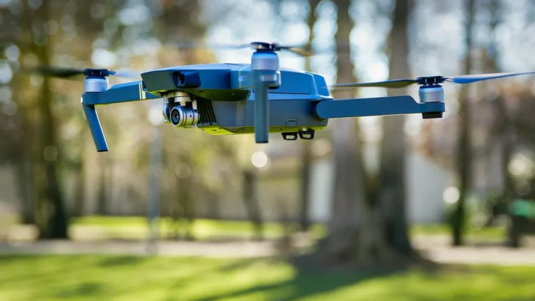A small quadcopter drone hovering in flight above a park