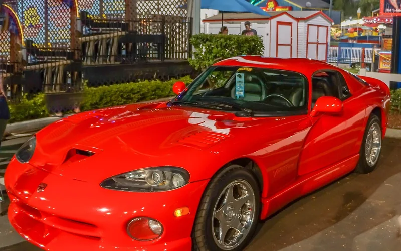 Red Dodge Viper sports car, the model built around the largest naturally aspirated V10 ever sold to the public