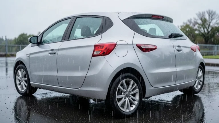 Silver hatchback car parked in the rain, showing raindrops on the paint surface