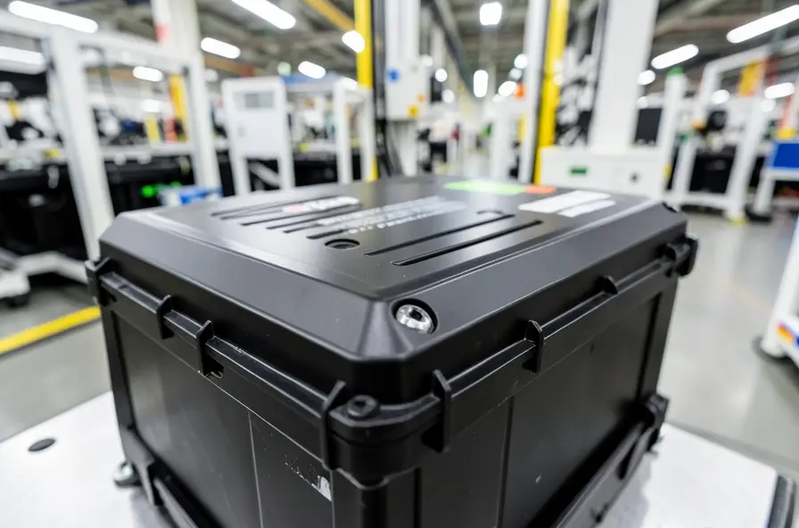 An electric vehicle battery pack on a factory assembly line