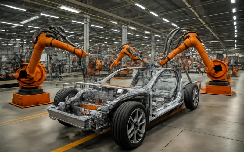 Automotive assembly line with robotic arms building an electric vehicle chassis