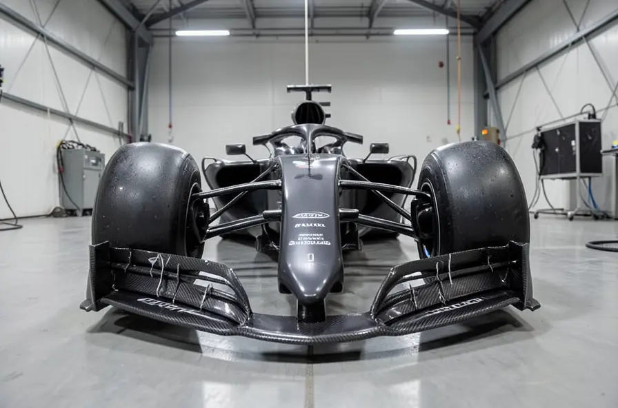 The front wing and carbon fiber bodywork of an F1 car, built for aerodynamic performance