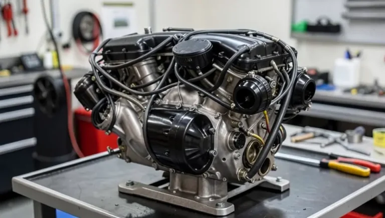 A Formula 1 V6 turbo hybrid power unit on a workshop stand