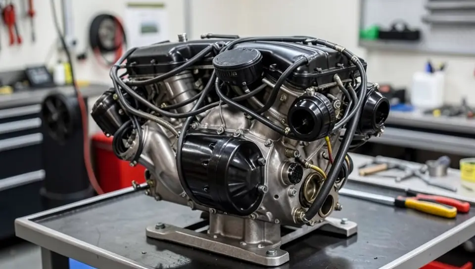 A Formula 1 V6 turbo hybrid power unit on a workshop stand