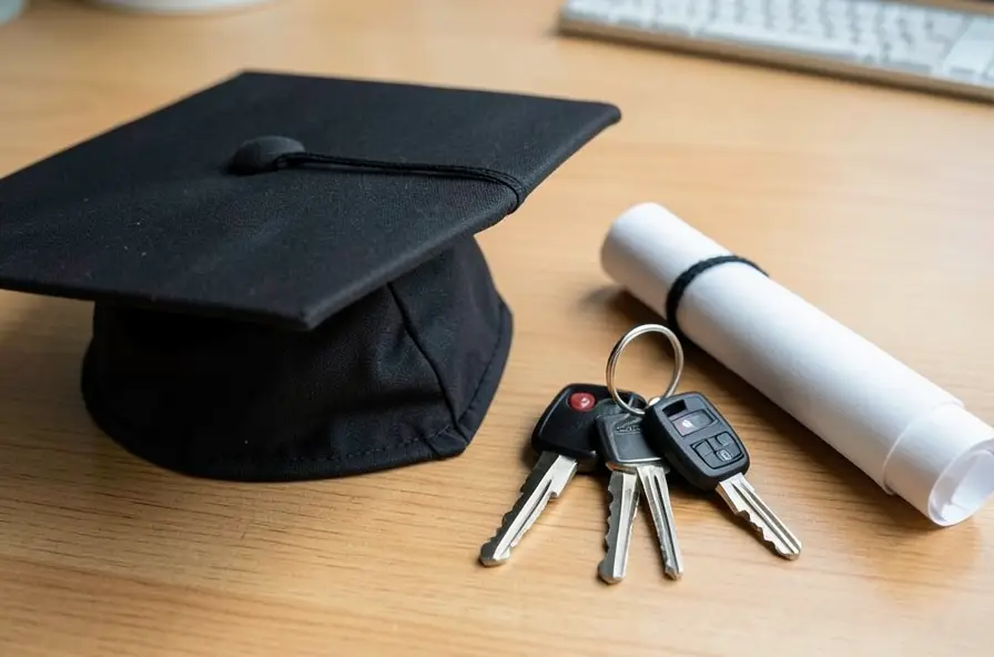 A graduation cap and diploma next to car keys, symbolizing the good student insurance discount