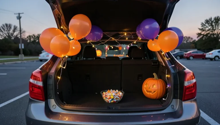 SUV trunk decorated for trunk-or-treat with orange and purple balloons, string lights, a jack-o-lantern, and a candy bowl