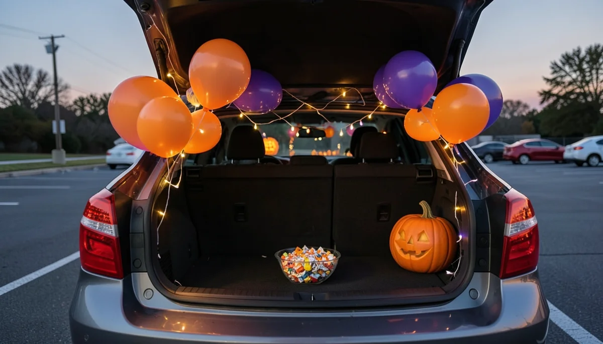 SUV trunk decorated for trunk-or-treat with orange and purple balloons, string lights, a jack-o-lantern, and a candy bowl