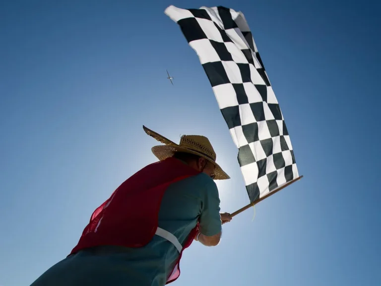 Person in a straw hat waving a checkered flag against a blue sky