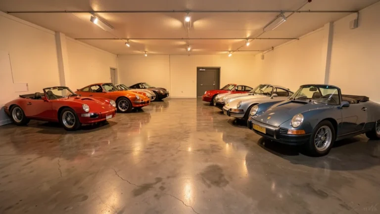 A private garage housing a large collection of vintage and classic Porsche sports cars