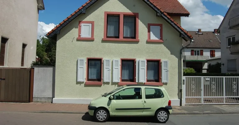 Light green compact car parked on the street in front of a house with a tiled roof