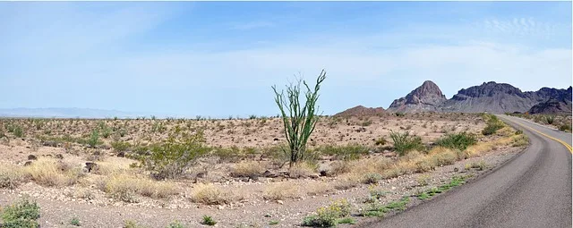 Desert highway with mountains in the background in the American Southwest