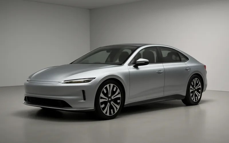 Luxury electric sedan in a showroom, representing the premium EV segment Lucid competes in