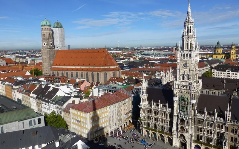 Aerial view of Munich old town with the Frauenkirche towers and New Town Hall