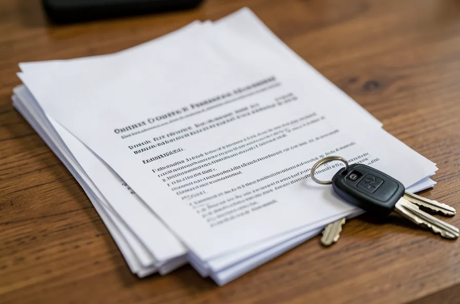 A stack of overdue payment notice letters next to a set of car keys on a desk
