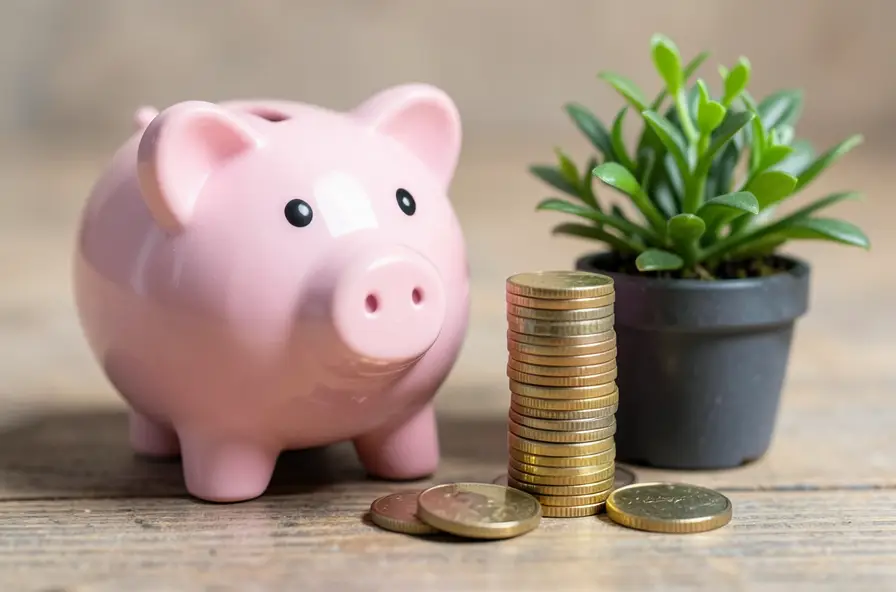 A piggy bank and coins representing rebuilding savings and credit after repossession