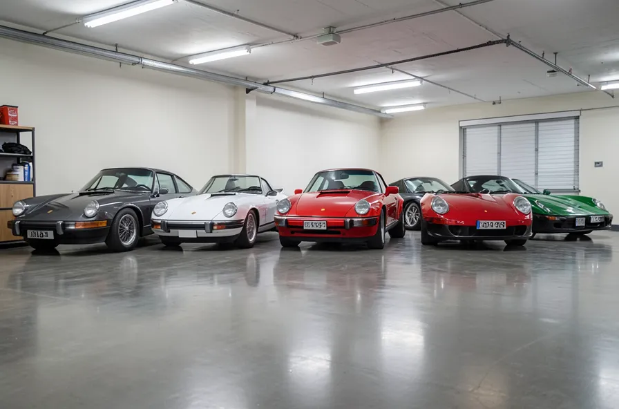 A lineup of classic and modern Porsche 911 models parked together in a private collector garage