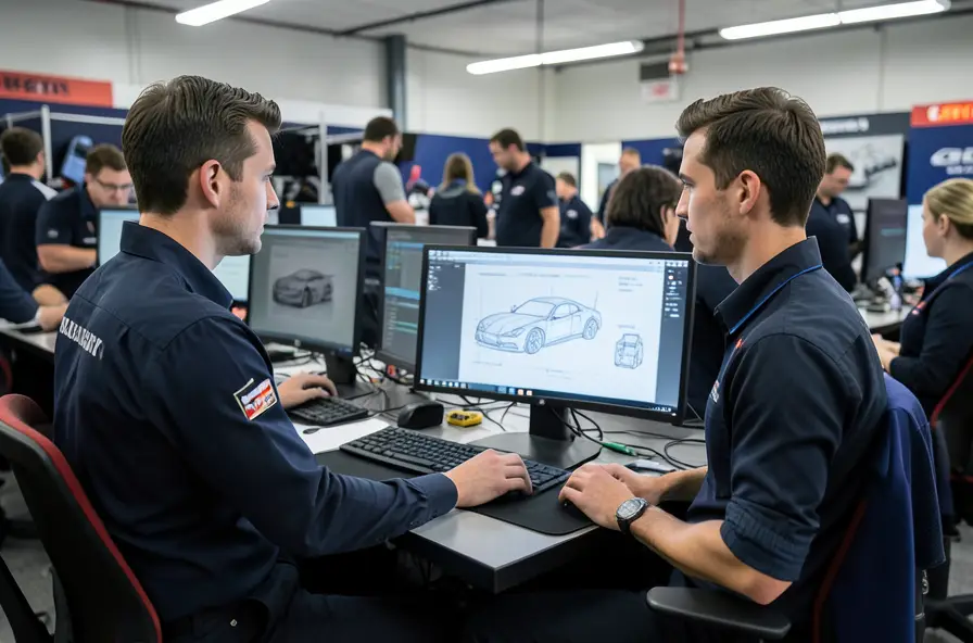 Race team engineers reviewing car design on computer screens