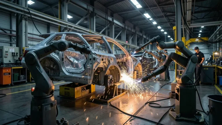 Robotic arms welding a car body frame on a real automotive assembly line