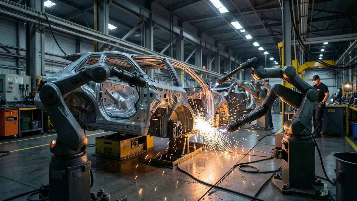 Robotic arms welding a car body frame on a real automotive assembly line