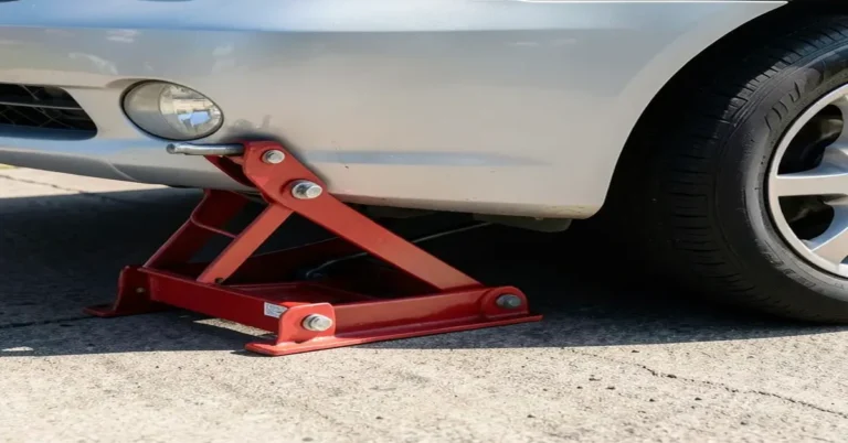 Red scissors jack lifting the front bumper of a silver car for a tire change