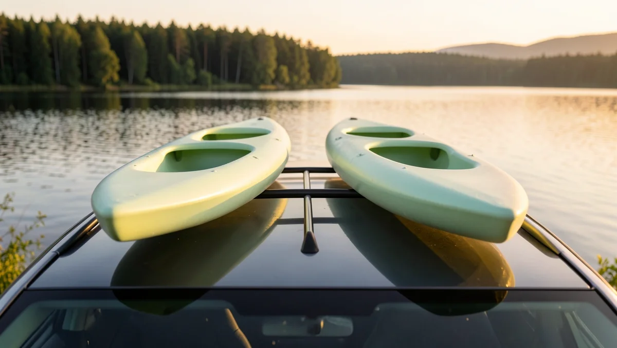 Two kayaks loaded side by side on a double roof rack on a car, parked by a lake at sunset