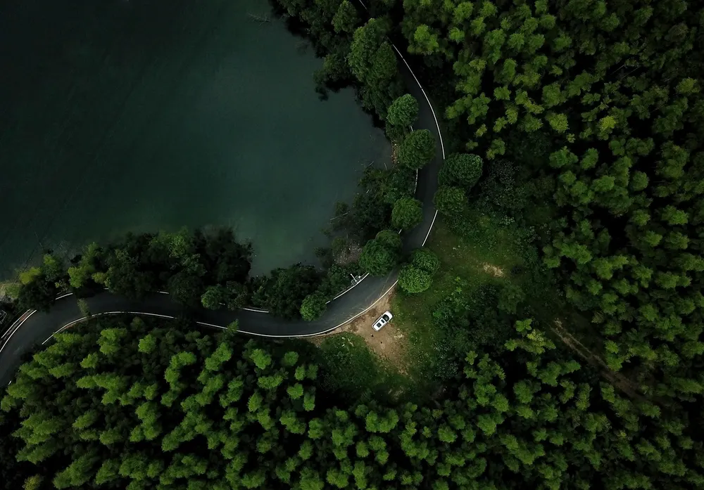 Aerial view of a winding road through a forest beside a lake